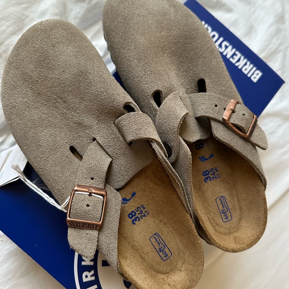New Suede Taupe Softbed Boston Birkenstocks